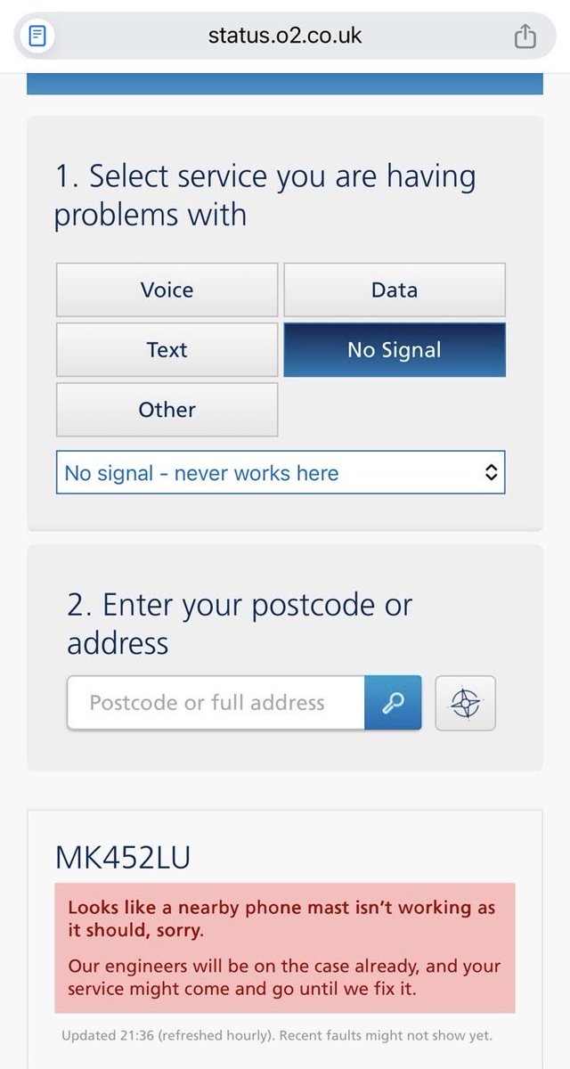 RuthGlanvill's tweet photo. @O2 Had no phone signal at my home address or work address for weeks. No contact from yourselves to inform me of the issue or when it will be fixed. Yet still being billed full amount for non existent service. https://t.co/C1ZSNfrjSe