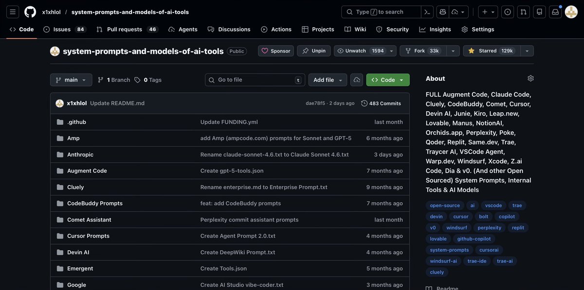 One year ago I created a GitHub repo with just one thing in it: v0’s system prompt.

I didn’t expect much from it. I just thought it was interesting to document how these tools were actually instructed.

Fast forward a year:
- System prompts from 30+ major AI tools
- ~130,000