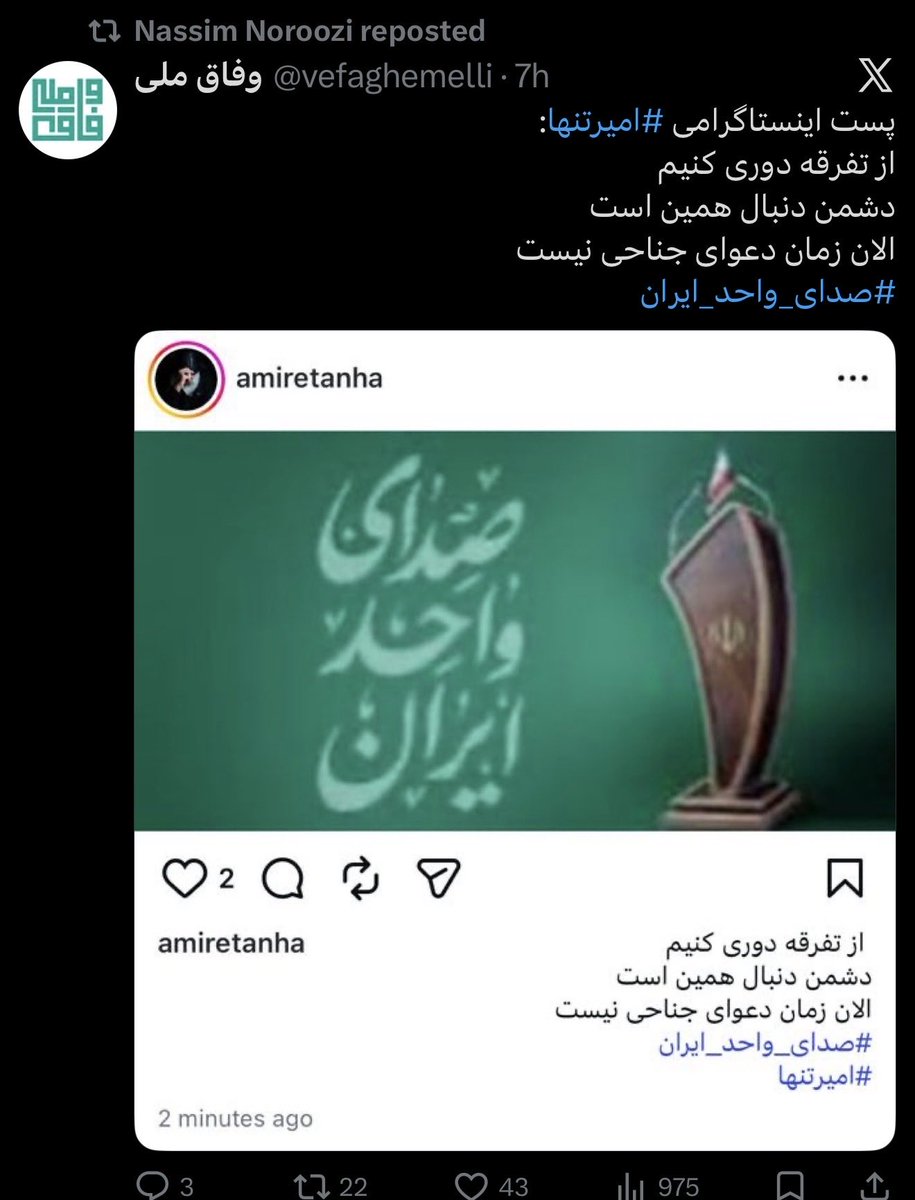 امیر تنها توییتر نداره، نسیم‌نوروزی مجبوره پست اینستاشو ریپست کنه.