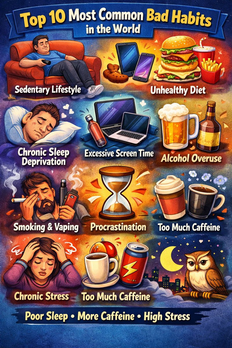 🚭Top 10 Most Common Bad Habits in the World

🛋️ Sedentary lifestyle — 60–80% of people don’t meet the minimum recommended level of physical activity.

🍔 Unhealthy diet — excess sugar, fast food, and ultra-processed foods.

😴 Chronic sleep deprivation — 50–70% of adults sleep