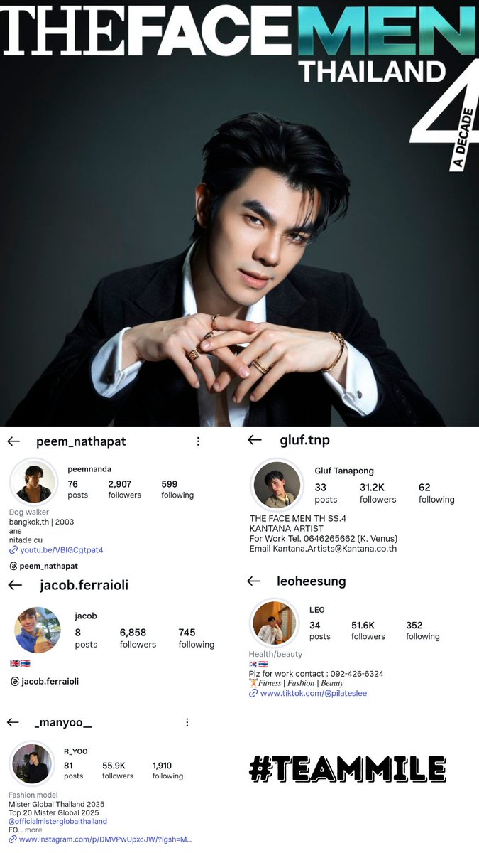 Mentor Mile has chosen his team members. You can support them on their IG accounts and allow me to also promote mentor mile's IG account ^^

 mentor mile always post handsome photos 📸

Mile: instagram.com/milephakphum?i…

#TEAMMILE #TheFaceMenThailand4_EP1
#TheFaceMenThailand4