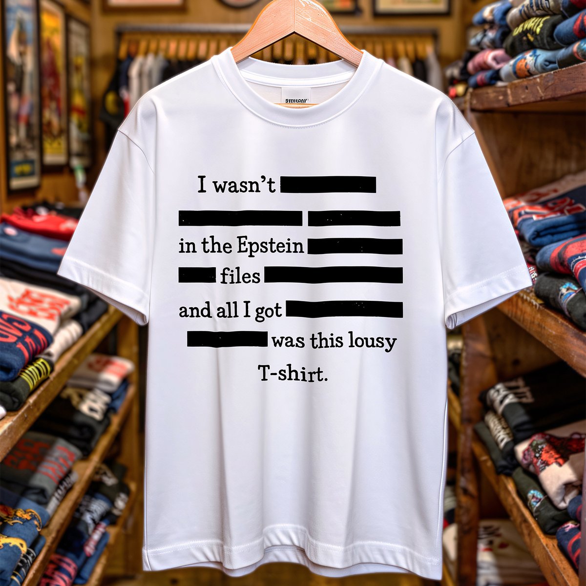 ShirteeSpace's tweet photo. I wasn't ███████ in the Epstein ███████ files and all I got was this lousy T-shirt. 🤫📁
Get yours before it's [CENSORED] 👇
https://t.co/Y8U9wkS4Ol

#EpsteinFiles #Redacted #Streetwear #Meme https://t.co/b6ALJihXmr