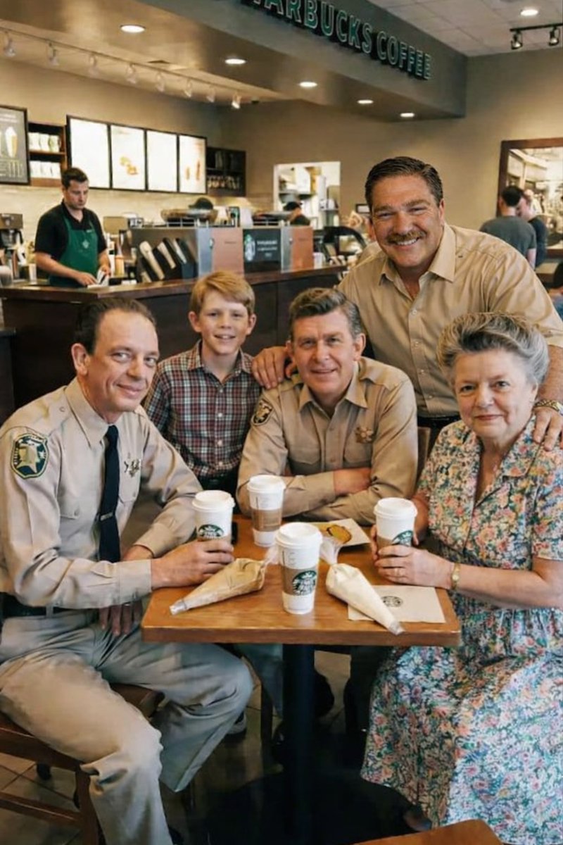 It is a rare treat to see the beloved cast of The Andy Griffith Show stepping out of Mayberry and into a contemporary coffee shop. Sheriff Andy Taylor and Deputy Barney Fife look remarkably at home in their iconic tan uniforms, though one can easily imagine Barney citing the
