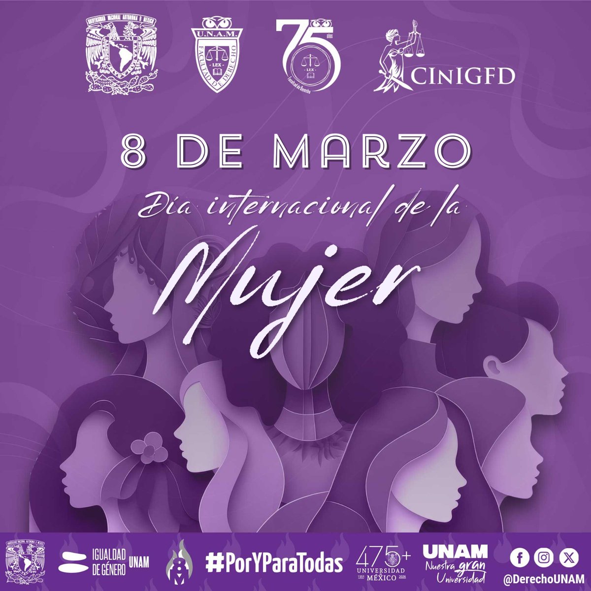 💜♀️🌍#UnDíaComoHoy 8 de marzo, conmemoramos el #DíaInternacional de la Mujer, este año bajo el lema “Derechos. Justicia. Acción. Para TODAS las mujeres y niñas”, enfocado en eliminar las barreras legales que impiden el acceso pleno a la justicia y la protección de DD. HH.