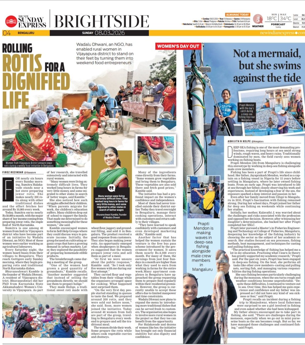 XpressBengaluru's tweet image. #BrightSide
#WomensDayOut
Sumitra Halakavade makes nearly 200 jowar rotis every Sunday, earning about Rs 50,000 a month from the North K'taka staple. Meanwhile, Prapti Mendon (26) from M'luru breaks barriers in deep-sea fishing, working alongside male crews in rough waters.
