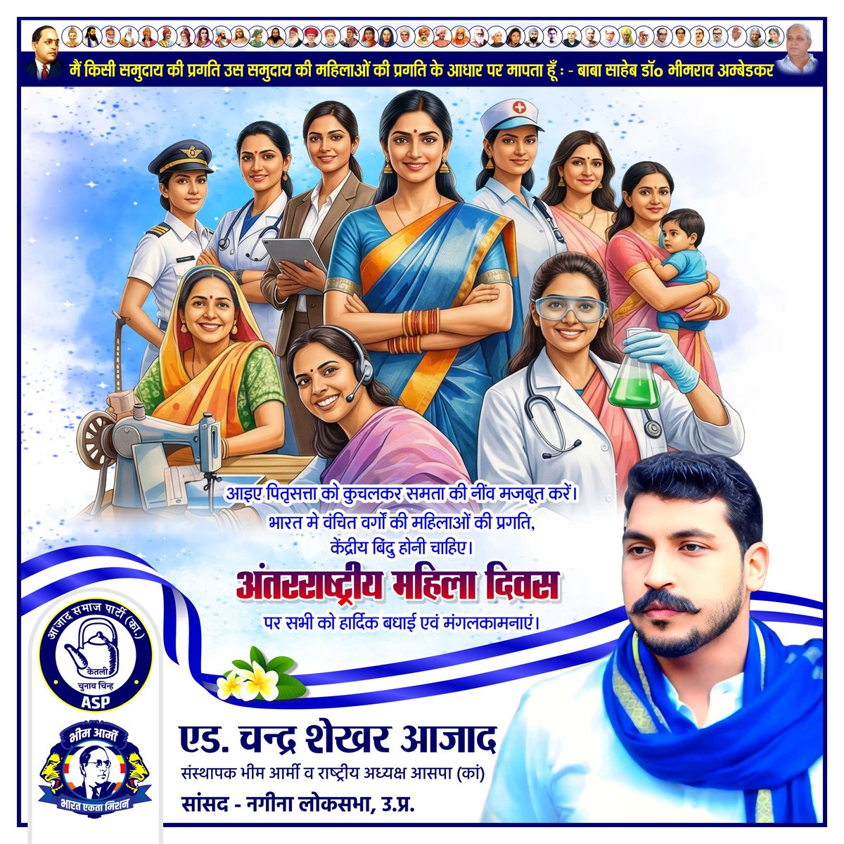 मैं किसी समुदाय की प्रगति उस समुदाय की महिलाओं की प्रगति के आधार पर मापता हूँ : - परम पूज्य बाबा साहेब

आइए पितृसत्ता को कुचलकर समता की नींव मजबूत करें। भारत मे वंचित वर्गों की महिलाओं की प्रगति, केंद्रीय बिंदु होनी चाहिए।

अंतरराष्ट्रीय महिला दिवस पर सभी को हार्दिक बधाई एवं