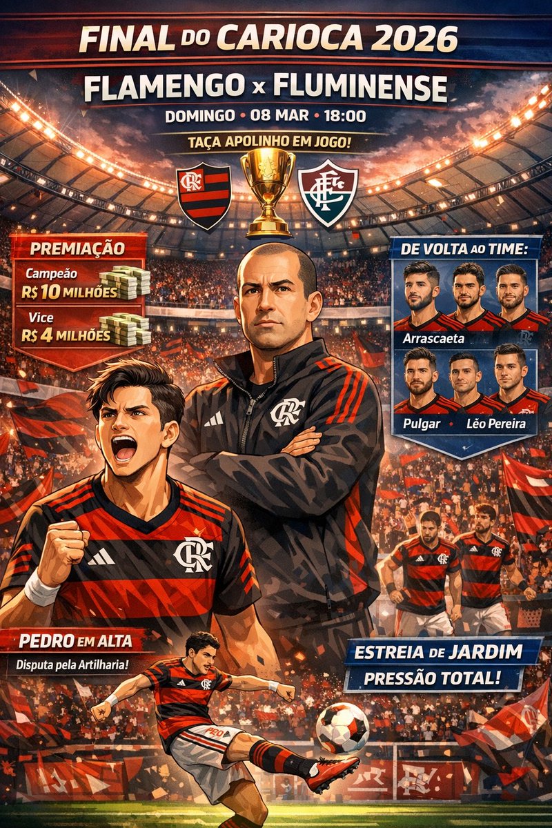 HOJE TEM!!!

Flamengo e Fluminense decidem o título do Campeonato Carioca 2026 neste domingo (08/03), às 18h, no Maracanã.  

Pontos-chave (em 1 minuto ou menos)
- Final única: Flamengo x Fluminense, Taça Apolinho em jogo.  
- Premiação: O campeão leva R$ 10 milhões, vice fica