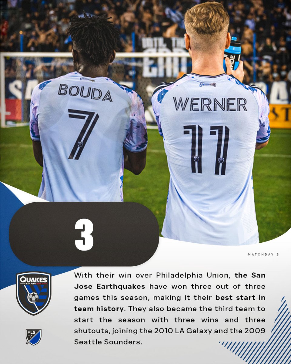 MLS_PR's tweet photo. With their win over Philadelphia Union, the @SJEarthquakes have won three out of three games this season, making it their best start in team history. They also became the third team to start the season with three wins and three shutouts, joining the 2010 LA Galaxy and the 2009 Seattle Sounders