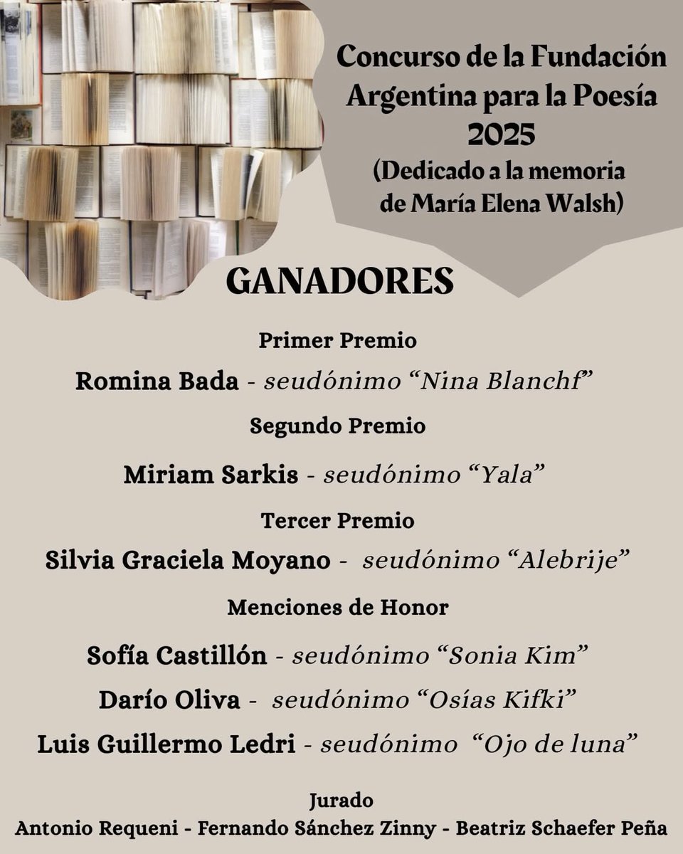RominaSBada's tweet photo. La Fundación Argentina para la Poesía anunció a los ganadores del Concurso 2025, dedicado a la memoria de María Elena Walsh 💫

Gracias por elegirme ganadora ❤️

#FundaciónArgentinaparaLaPoesía #ConcursoDePoesía2025 #Finalistas #MaríaElenaWalsh #PoesíaArgentina https://t.co/8ZygzrKfJf