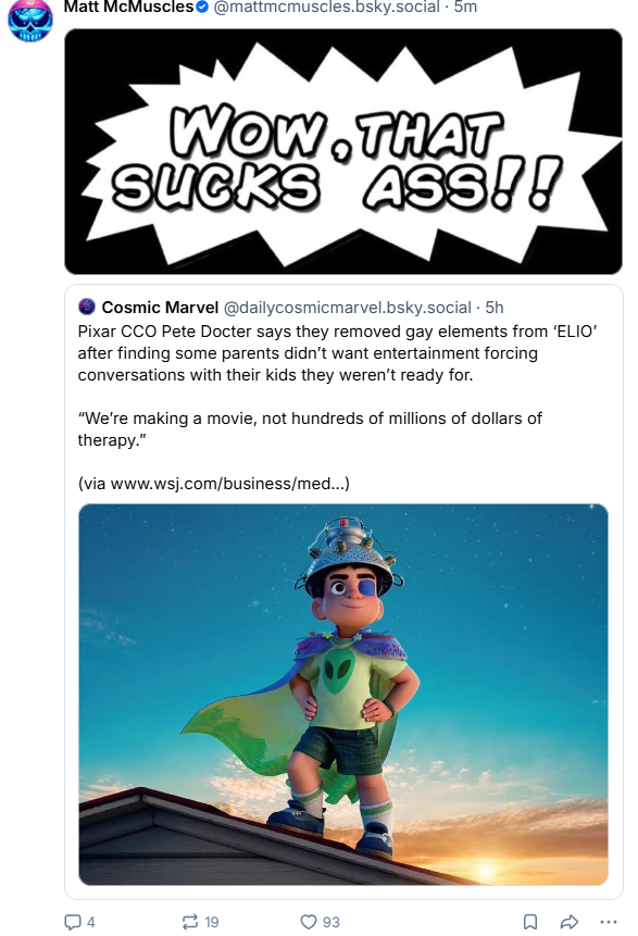 Hey <a href="/MattMcMuscles/">Matt McMuscles</a> kids' movies are not the place for LGBT topics you fucking weirdo. Why are you obsessed with this kind of stuff being in Kids' movies? This is coming from a bisexual too.
Fuck anyone who wants kids involved in this, wait till you are an adult then find out.