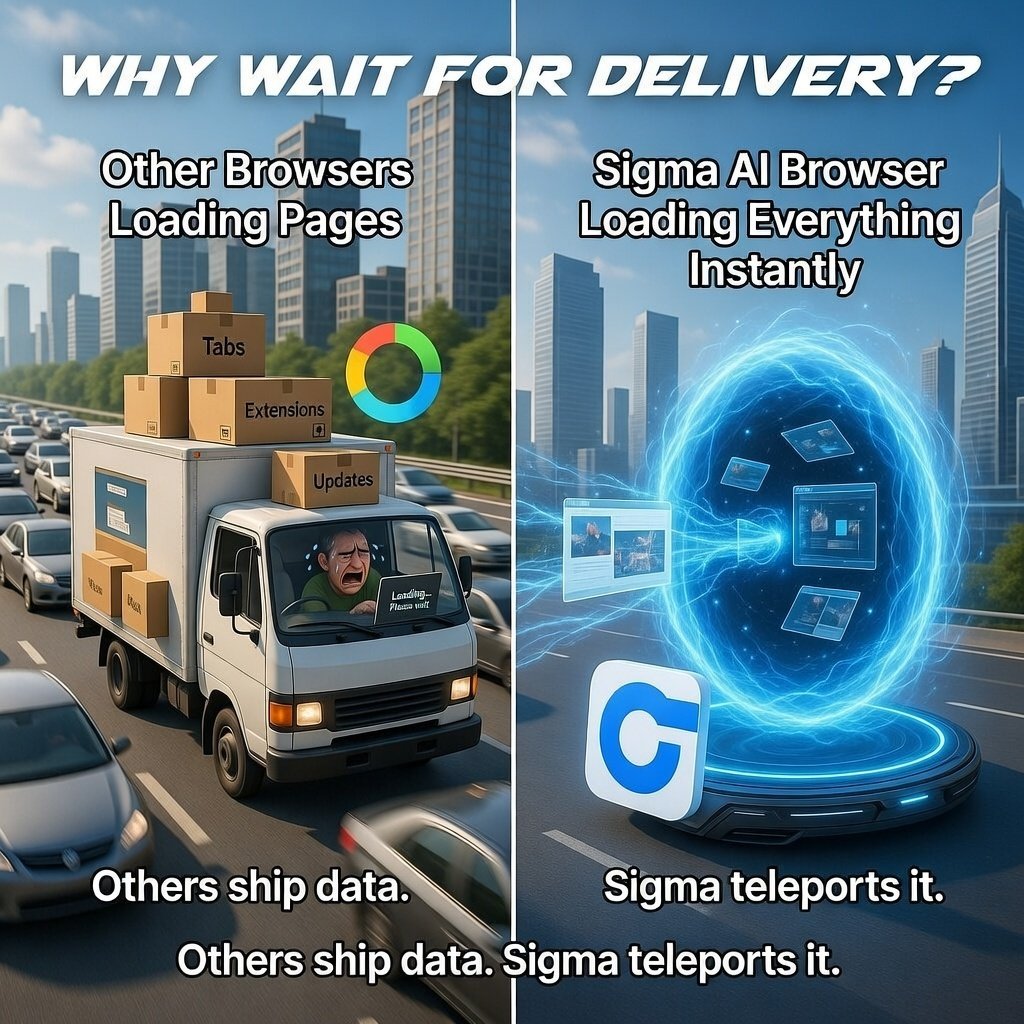 ZAYLIAGRACE's tweet photo. Some browsers still deliver data like a truck stuck in traffic. 📦🚚
@Sigma_Browser an AI Browser just teleports it. 🌀⚡
⚡ Lightning-fast performance
🧠 AI-powered browsing
🚀 No waiting, just results
Others ship data.
Sigma moves at the speed of the future. 😎
#SigmaAI #AIBrowser #TechMeme #FutureOfBrowsing