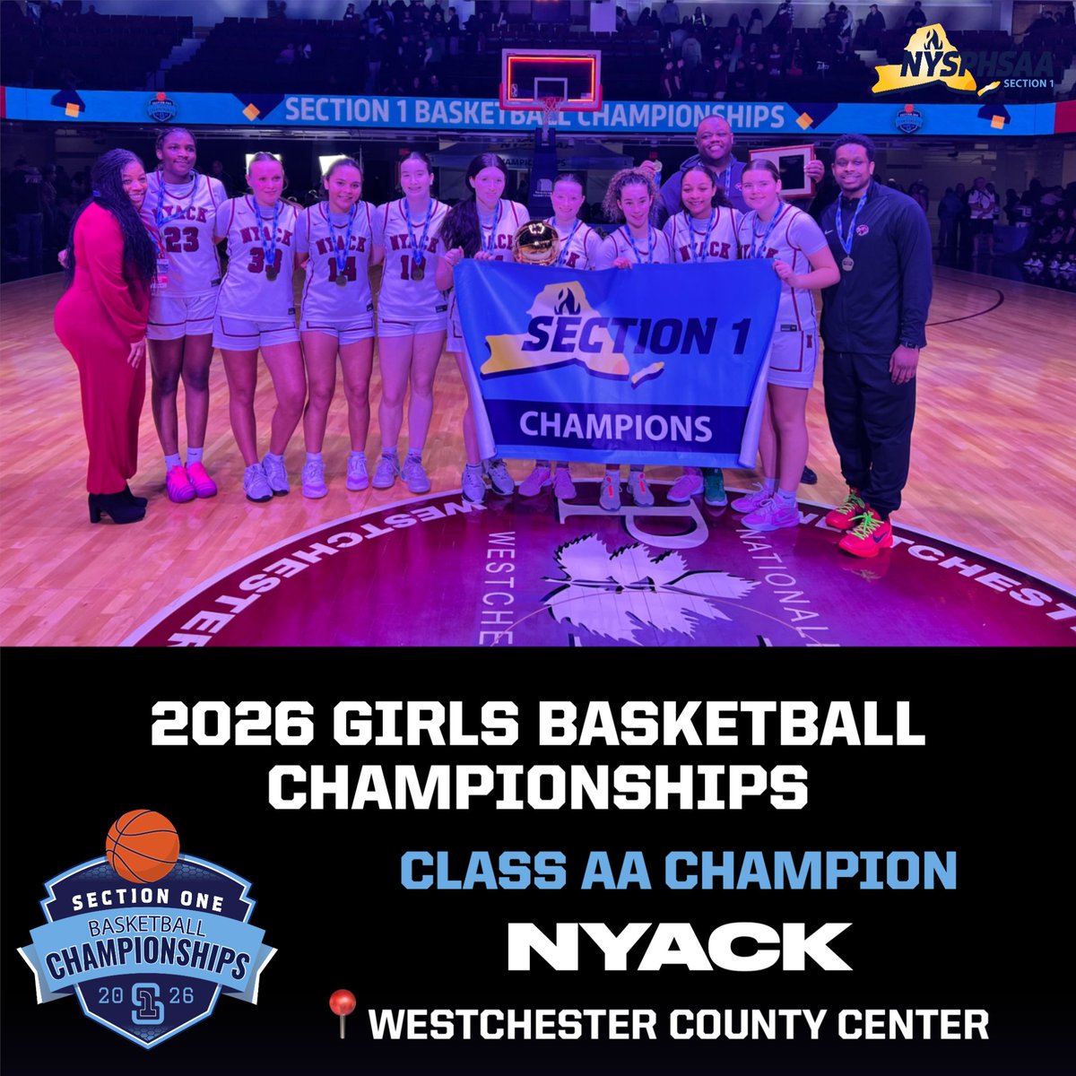 SecOneAthletics's tweet photo. 🏆🏀 The Nyack girls basketball team earned the first gold ball in program history on Saturday night at the County Center, staving off a comeback to beat Ossining in a thriller, 46-44. https://t.co/nSsW5KjVAL