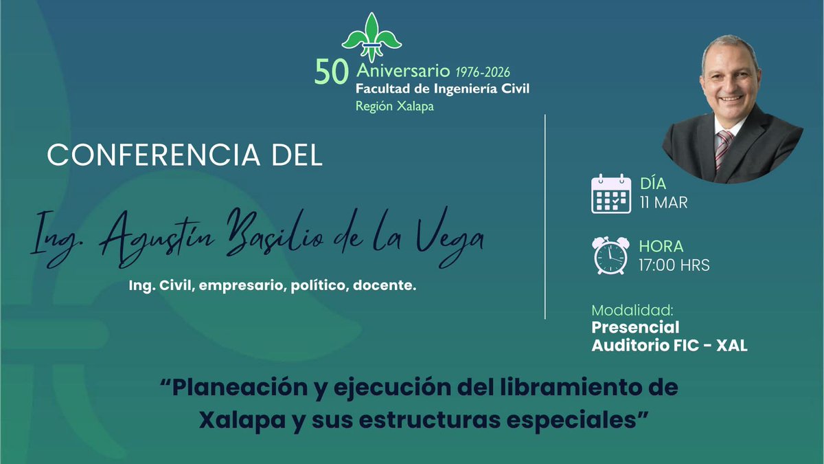 gfoxrivera's tweet photo. Mientras que ese mismo día, pero a las 5 de la tarde, se presenta el ing. Agustín Basilio de la Vega, con el tema: 

"Planeación y ejecución del libramiento de Xalapa y estructuras especiales"

@LuzioUV @basiliodelavega @UVeracruzanaMx https://t.co/xZqledKj3r