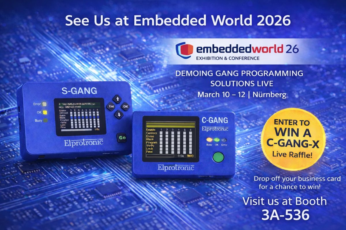 elprotronic's tweet photo. We’re heading to #EmbeddedWorld 2026.

Stop by Booth 3A-536 to see our gang programming solutions in action and enter our live raffle to win a C-GANG-X.

Looking forward to meeting the embedded community in Nürnberg.

#EmbeddedWorld #STM32 #STPartnerProgram #STAuthorizedPartner https://t.co/Z2zirFFs1H