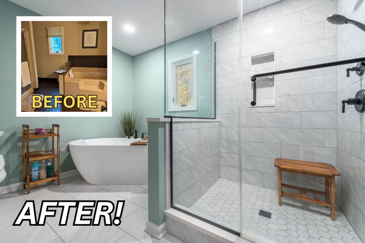 BennettBuilders's tweet photo. Goodbye 1980s bathroom 👋👋👋
Hello WOW bathroom 😍😍😍
The old beige shower and tub modules are gone! In their place: a completely reconfigured luxury bath with a corner double vanity, custom tiled multi-function shower, freestanding tub, and a toilet with bidet seat.
A well-deserved, long-overdue upgrade!

#remodel #remodeled #remodeling #bathroomremodel #bathroomremodels #bathroomremodeler #bathroomremodeling #remodeler #homeremodel #homeremodeler #homeremodeling #homeremodelers #westlake #westlakeohio #westlakeoh #tiledshower #tiledshowers #customshower #customshowers #CustomShowerGlass #customshowerdoor #freestandingtub #freestandingtubs #buildinghappinessforgenerations