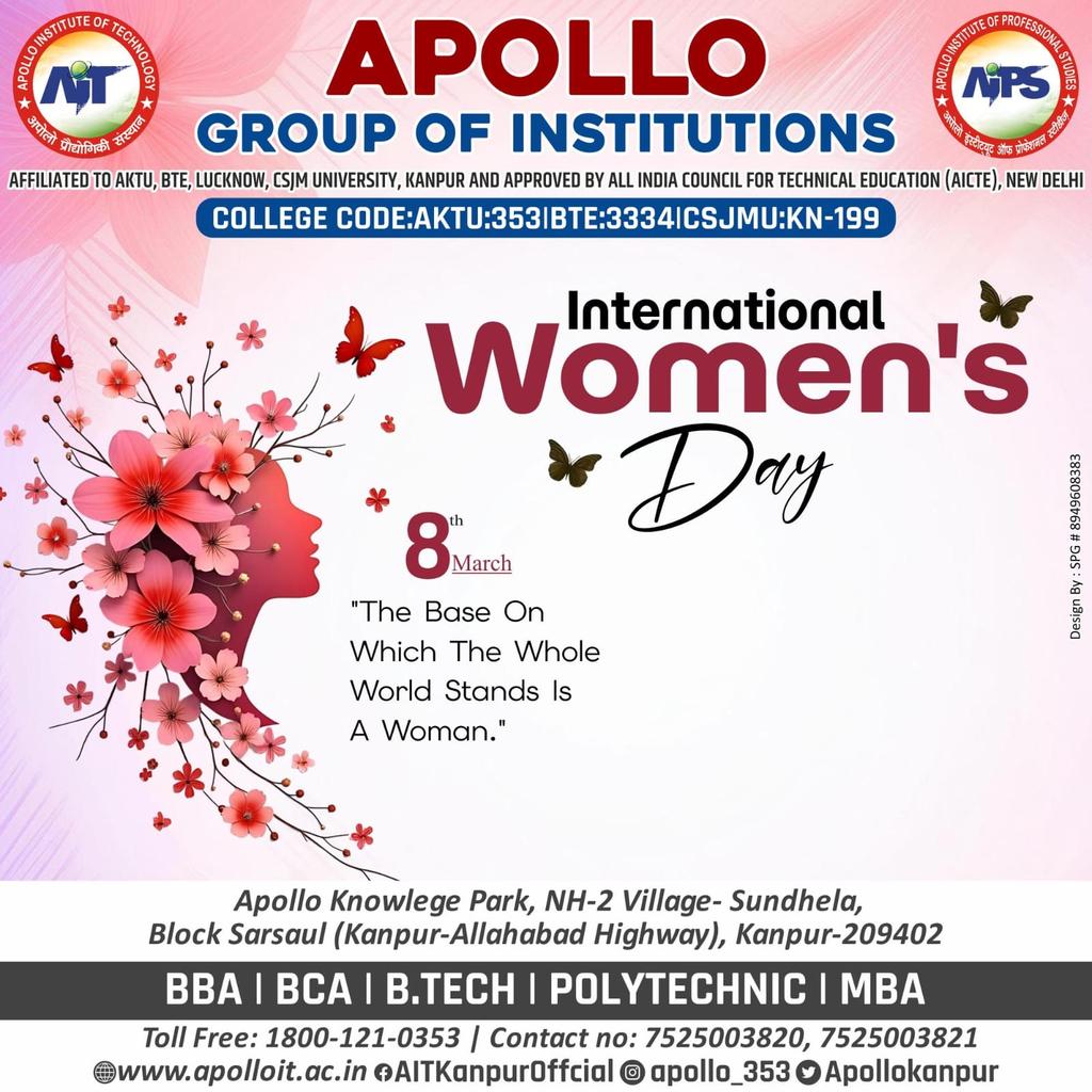 ApolloKanpur's tweet photo. Happy Women's Day from *Apollo Group of Institutions*! 🎉👩

*“The Base On Which The Whole World Stands Is A Woman.”*

Apollo Group wishes all women a powerful and inspiring International Women's Day on *8th March*. 💪😊

#Internationalwomensday #8thmarch #admissionsopen https://t.co/qxmat4uWXp