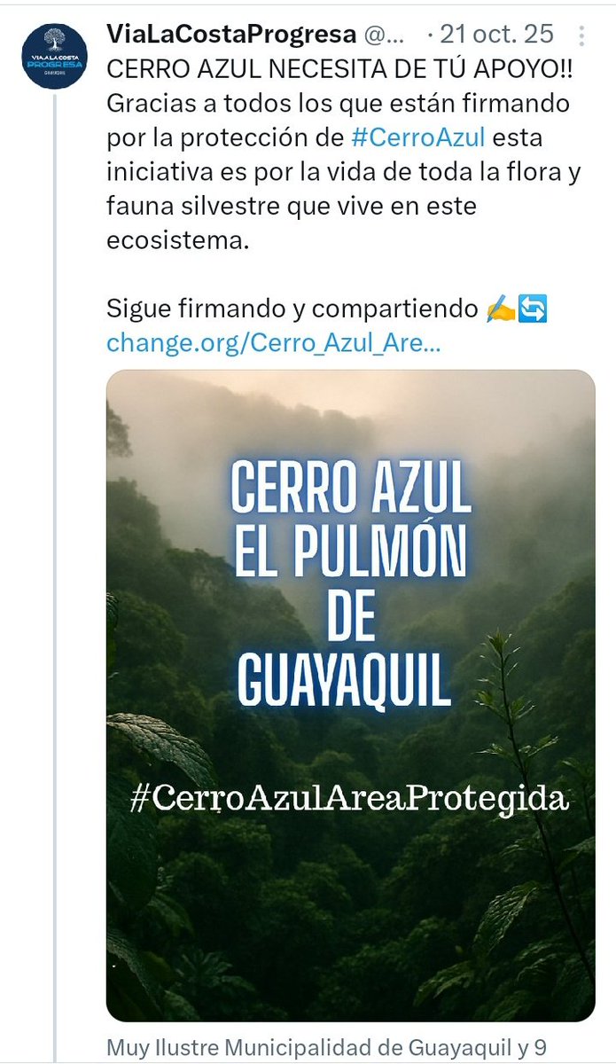 ViaLaCostaLucha's tweet photo. Estimado @CaesarAemilius la petición para q Cerro Azul sea declarado Bosque Protector salió como iniciativa d los habitantes de Vía a La Costa. 27 Asociaciónes con vida jurídica q representan a 47000 habitantes la respaldaron. Por favor no politizar este logro de de #ViaALaCosta https://t.co/0FVjunOSQl