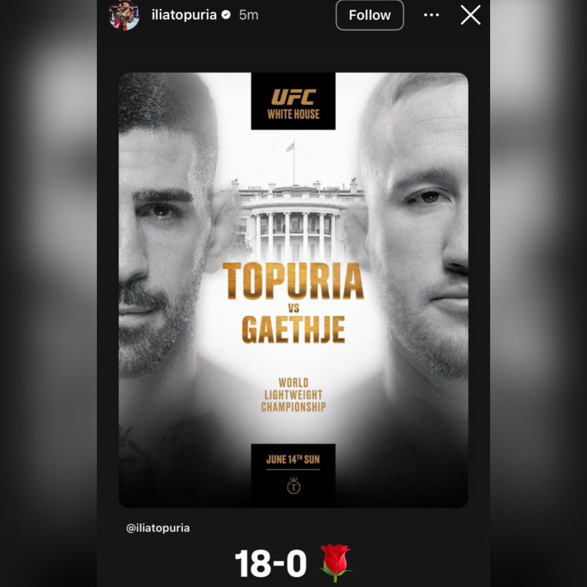 DovySimuMMA's tweet photo. Ilia Topuria reacts to his fight announcement 

“18-0🌹” https://t.co/SVo1sP3ftn