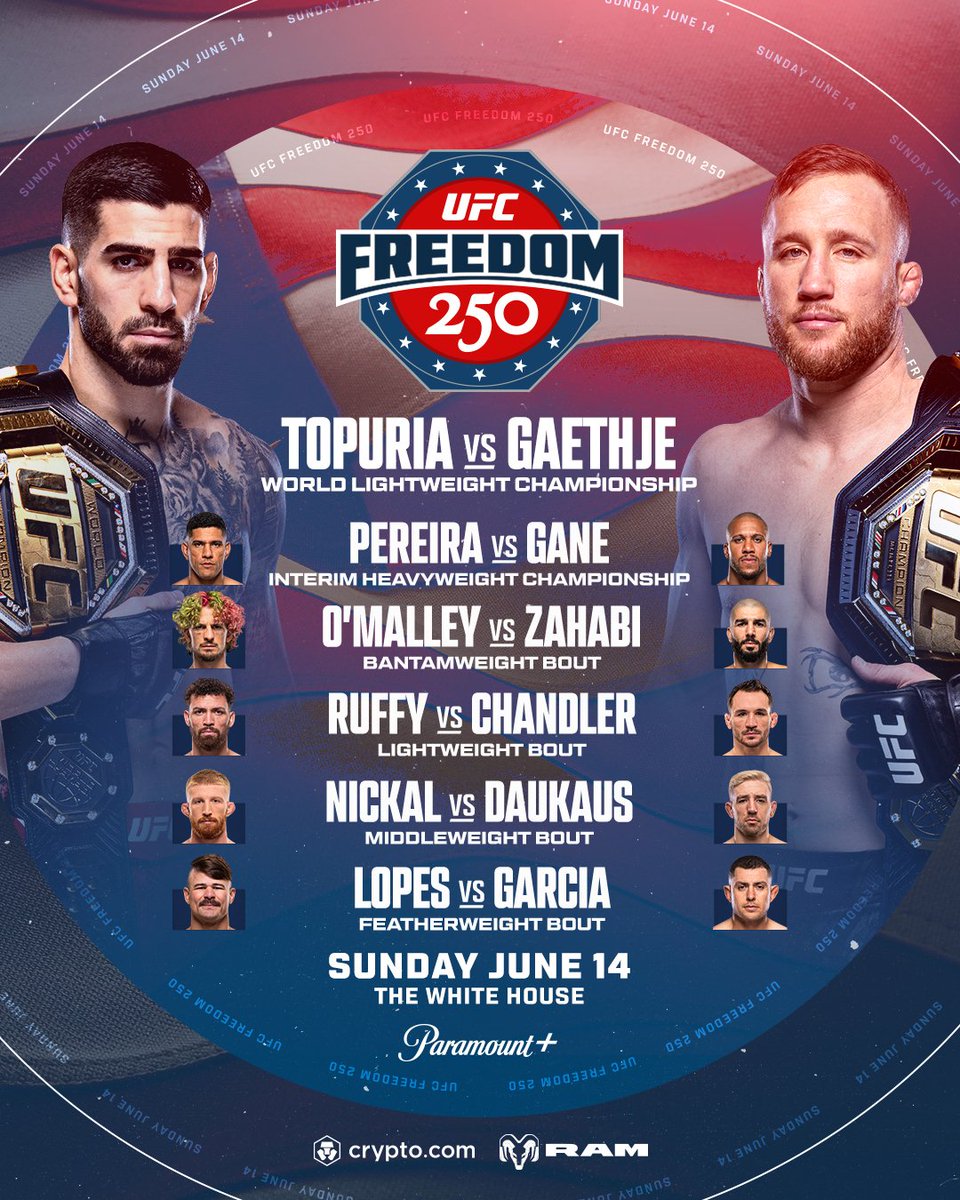 ufc_jp's tweet photo. ファイトカード👀 #UFCWhiteHouse

日本時間6月15日（月）開催📅
舞台はホワイトハウス❗️ https://t.co/VzKbvq43k6