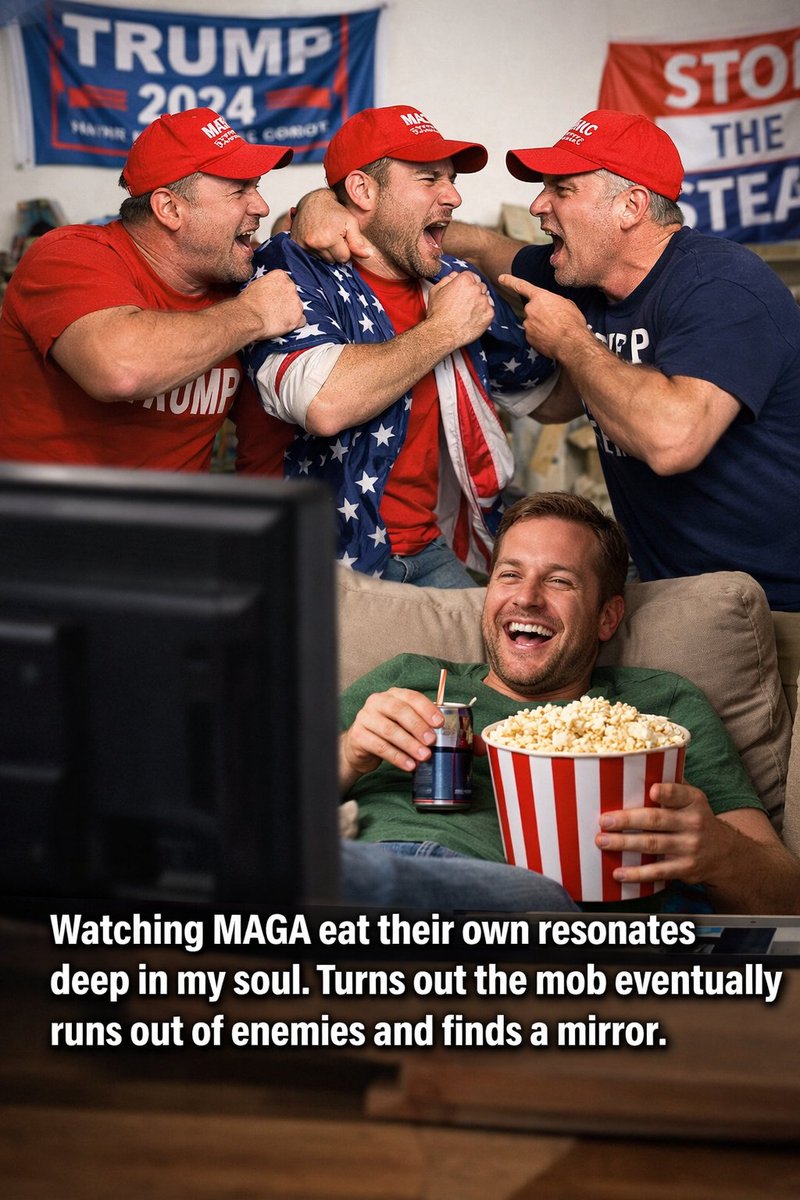 SETXResister's tweet photo. Watching MAGA eat their own resonates deep in my soul. Turns out when your whole movement runs on outrage, eventually you turn it on each other. https://t.co/mqgGFfxY2P