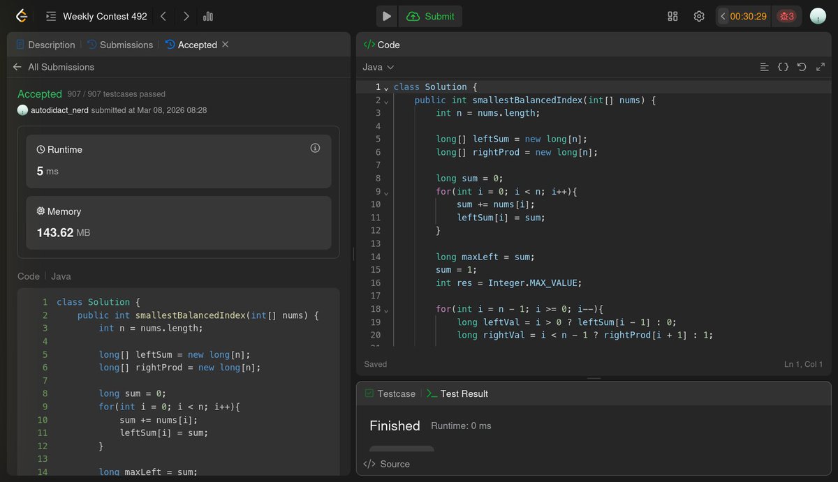 autodidact_nerd's tweet photo. Day 95: DSA Journey 🎯

DSA contest. solved 2 problems as usual but a bit quicker this time. (ignore wrong submissions 🏃)

- Minimum Capacity Box
- Find the Smallest Balanced Index

#SelfTaughtDev #LearnInPublic #100DaysOfCode #DSA https://t.co/7dxq5wrnm3