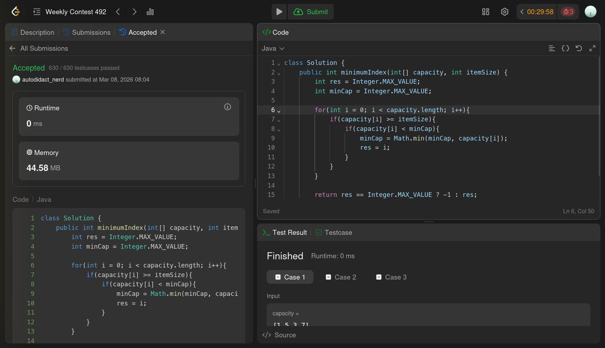 autodidact_nerd's tweet photo. Day 95: DSA Journey 🎯

DSA contest. solved 2 problems as usual but a bit quicker this time. (ignore wrong submissions 🏃)

- Minimum Capacity Box
- Find the Smallest Balanced Index

#SelfTaughtDev #LearnInPublic #100DaysOfCode #DSA https://t.co/7dxq5wrnm3