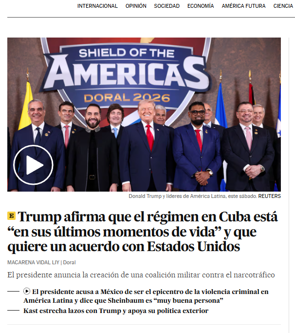 Trump afirma que el régimen en Cuba está “en sus últimos momentos de vida” y quiere un pacto con EE UU.- #Israel #Iran  #NarcoGobiernoMorena #WorldBaseballClassic #TrumpAbinader #Trump #GranConsulta