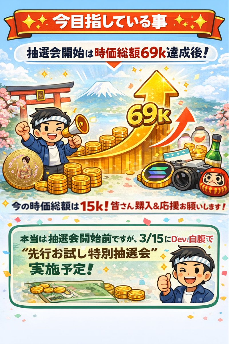 おもてなし抽選会について
分かり易くまとめてみたよ〜！！

15ドル分(今の時価)買っておけば、2週間に１回、永続的に抽選に参加できちゃう！

景品は2万円相当のSOLか、日本製品🇯🇵
倍率激高のポケモンカードBOXとか、
色々考えてるみたい😊😊