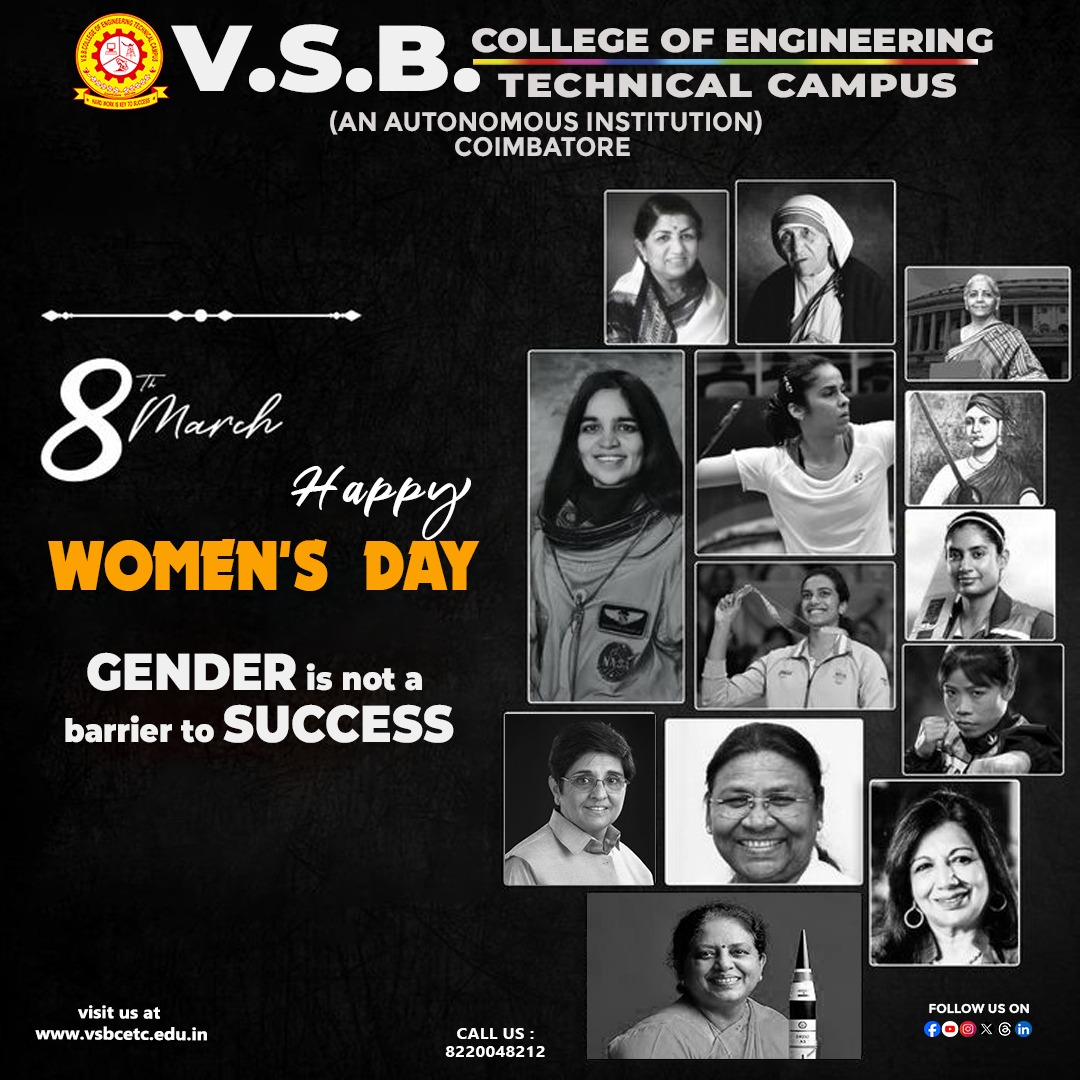 vsbcetc's tweet image. 🎉 Happy Women's Day! 💪🏽💖 Celebrating the amazing women who prove that *GENDER is not a barrier to SUCCESS*! 🙌🏽👏🏽 Inspired by the incredible achievers featured in our V.S.B 👩🏽‍🚀👩🏽‍🔬👩🏽‍🏫 #WomensDay #Empowerment #BreakTheBias #VSBCollege #Coimbatore #Engineering #Inspiration #March8 🌟