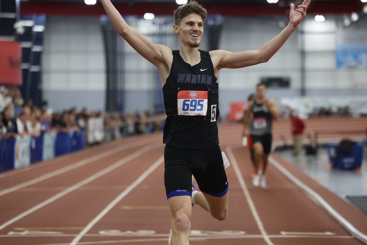 MUKnights's tweet photo. The smile says it all

Check out Eric Materna’s reaction as he crosses the finish line, winning the 4x4 relay and capturing Marian’s second consecutive NAIA Indoor Track and Field Championship! https://t.co/fla4wkCGuT