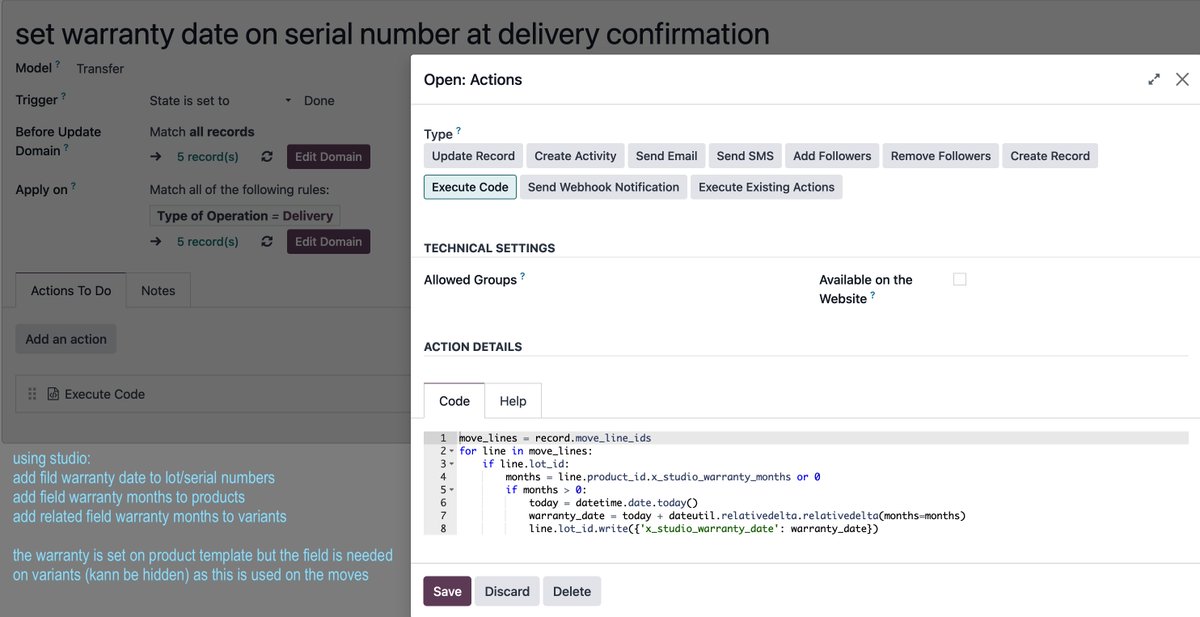 OdooThinking's tweet photo. add warranty date on serial numbers based on delivery date | rwg #Odoo https://t.co/YPoeppczBi https://t.co/R03ydCtjzK