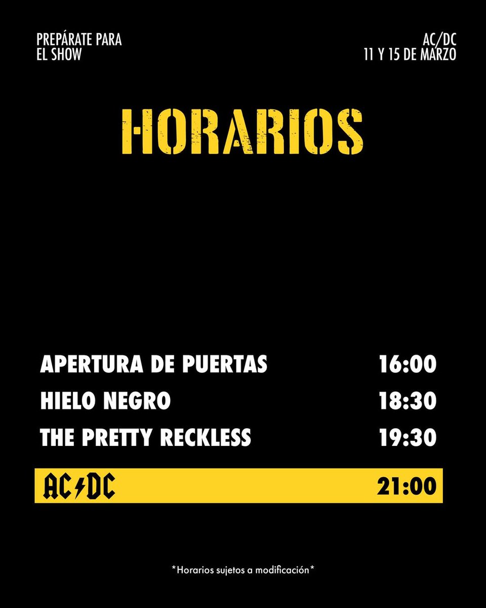 rockaxisoficial's tweet photo. ⚡️ ¡Ya están los horarios para AC/DC en Chile! ⚡️

La potencia del Power Up Tour ya aterrizó en Santiago y @acdc se prepara para hacer vibrar el Parque Estadio Nacional este 11 y 15 de marzo 🤘

Desliza y revisa los horarios oficiales de cada jornada para que organices tu llegada y no te pierdas ningún momento del regreso de una de las bandas más grandes del rock.

🎟️ Entradas para el domingo 15 de marzo disponibles en @ticketmastercl

@dgmedioschile