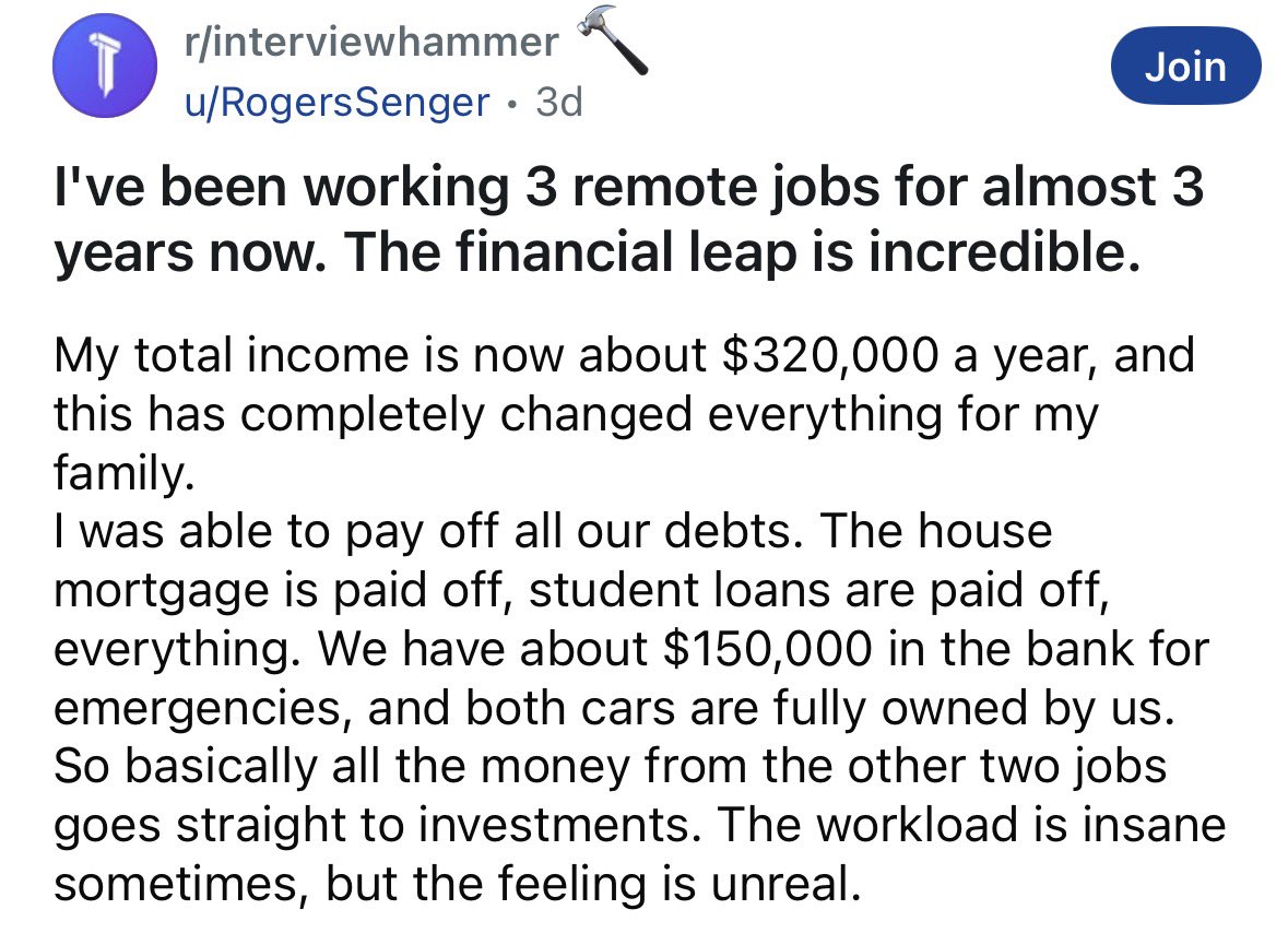 TheAlphaThought's tweet photo. Be honest, would you work 3 remote jobs if it meant you took home $320k/year? https://t.co/HsVZZFj3AN
