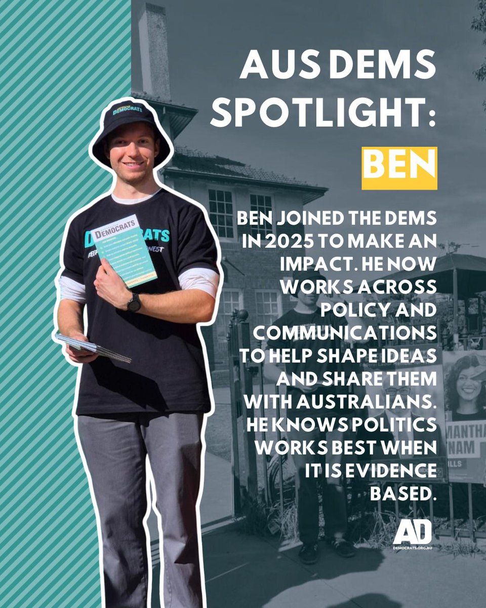 TheAusDemsGuy's tweet photo. Ben joined the @AustDems in early 2025, just before the last federal election.

Frustrated by entrenched systems that weren’t delivering real solutions, he wanted to be part of something focused on long‑term outcomes rather than vested interests.

#auspol https://t.co/4XmSAgn9Ti