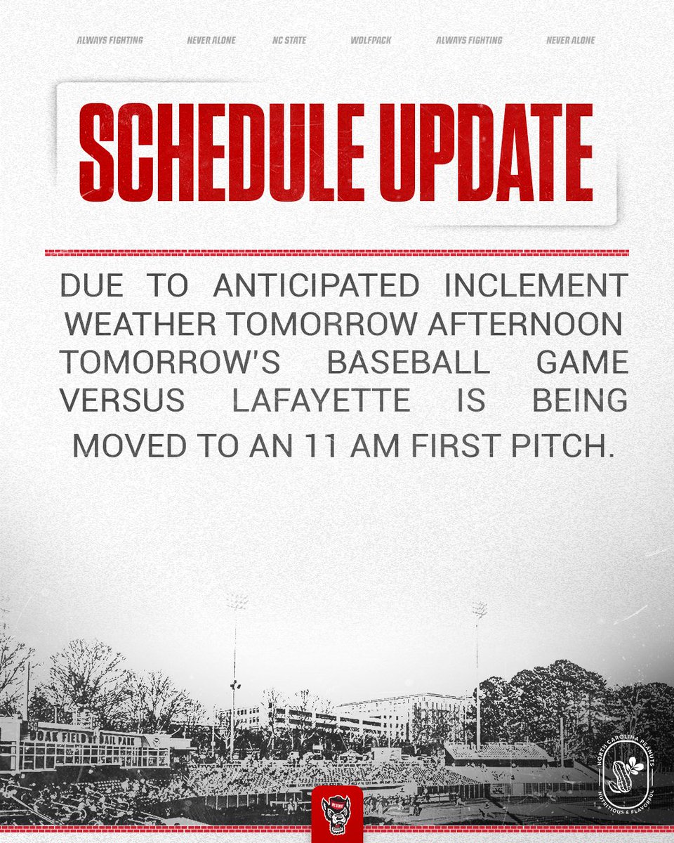 NCStateBaseball's tweet photo. Spring those clocks forward and wake up with some Pack baseball.

First pitch for tomorrow's finale has been moved up to 11 a.m. https://t.co/5wGRquyqsr