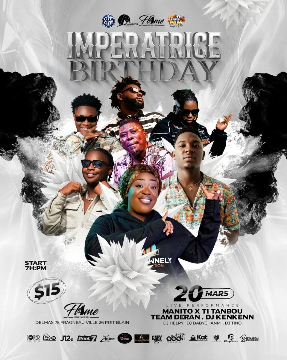 Le 20 Mars, tout le monde se donne rendez-vous au Flame Lounge pour une soirée qui s’annonce explosive 🔥
🎤 Manito X Ti Tanbou &amp; Team Deran en live
🎧 DJ Helpy • DJ Babychanm • DJ Tino aux platines
🕖 7PM
🎟 15$
📍 Delmas 75, Fragneau Ville 26 Puit Blain
Venez fêter et danser