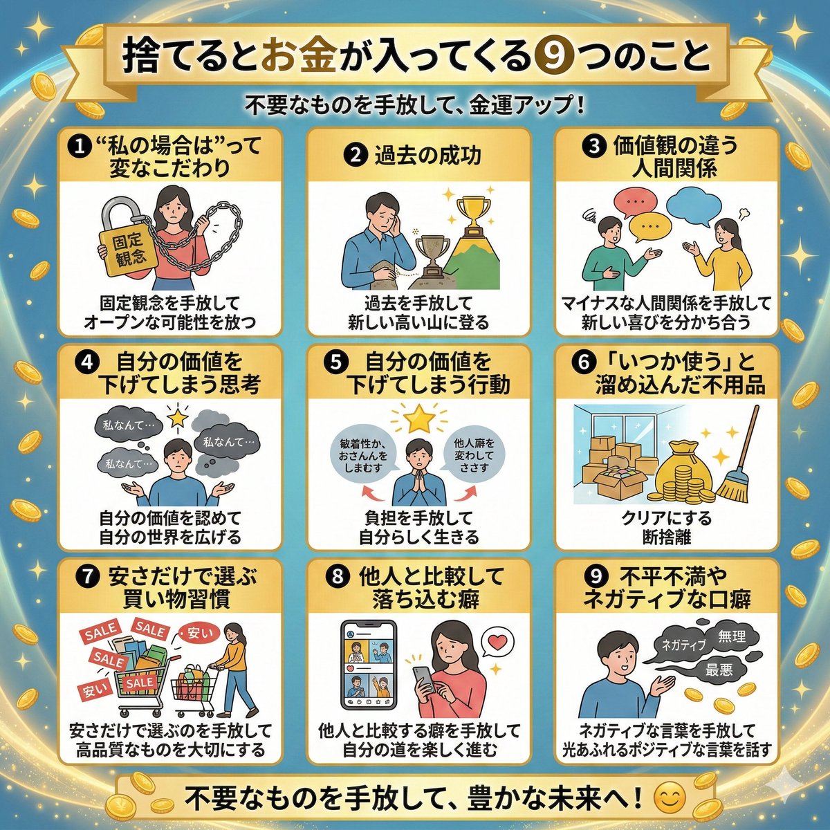【捨てるとお金が入ってくる❾つのこと】

❶“私の場合は”って変なこだわり
❷過去の成功
❸価値観の違う人間関係
❹自分の価値を下げてしまう思考
❺自分の価値を下げてしまう行動
❻「いつか使う」と溜め込んだ不用品
❼安さだけで選ぶ買い物習慣
❽他人と比較して落ち込む癖
