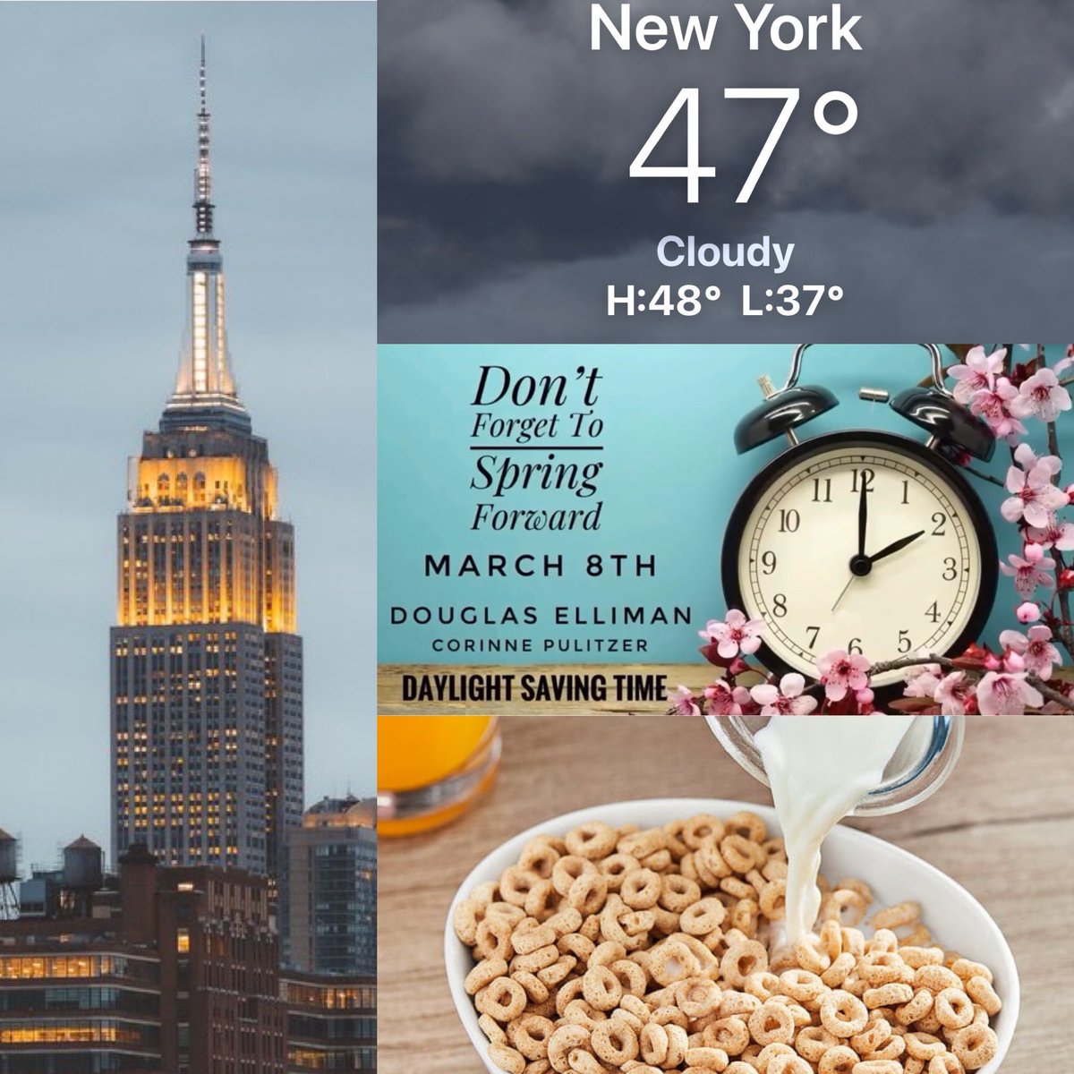 CorinnePulitzer's tweet photo. Sundown was at 5:54PM & #NYers are ready to welcome #DaylightSavingTime & a warmup reaching 60 degrees tomorrow! The @EmpireStateBldg is lit in Signature White as #GrainLovers celebrate #NationalCerealDay🥣 @NationalDayCal @HeyWhatDay @NY1weather @DiningGuide2Day https://t.co/B6sgWFe6Nk