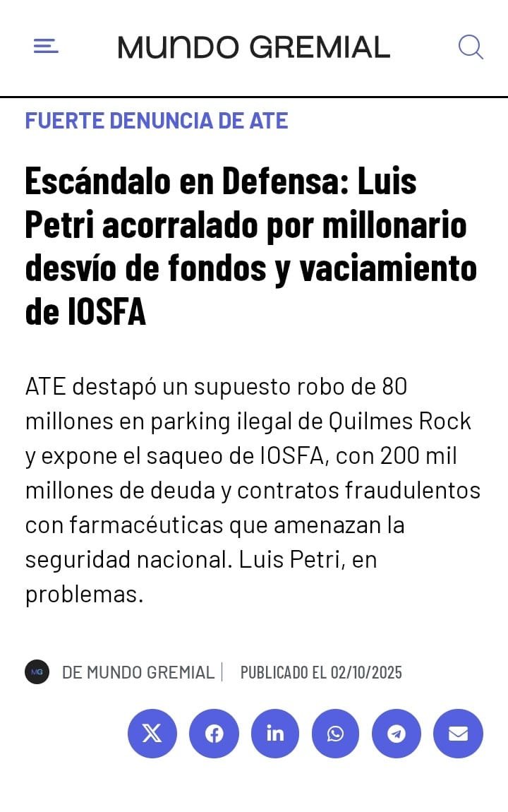 LUIS PETRI HASTA LAS MANOS ☠️

ATE denunció que en la gestión de Petri en el Ministerio de Defensa FUNDIERON a la Obra Social de las Fuerzas Armadas con contratos fraudulentos MILLONARIOS y los afiliados están SIN COBERTURA DE MEDICAMENTOS 🚫🚫