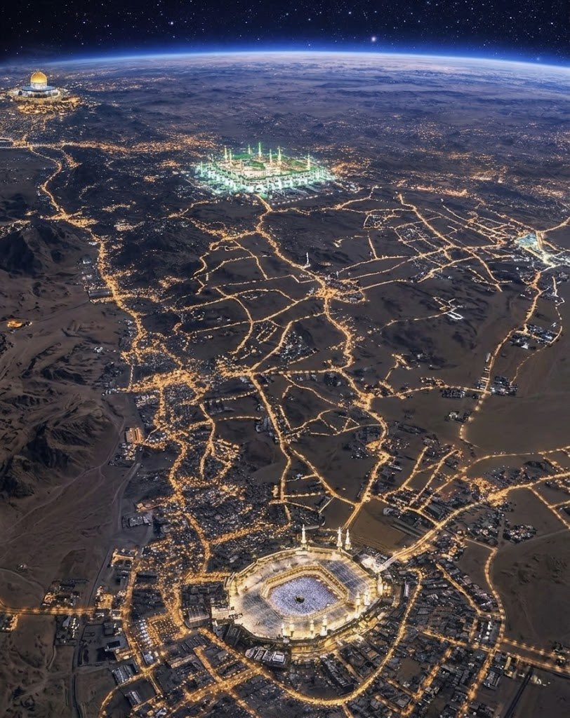 Masjid al-Haram in Mecca, the Prophet's Mosque in Medina, and Al-Aqsa Mosque in Jerusalem in one frame.