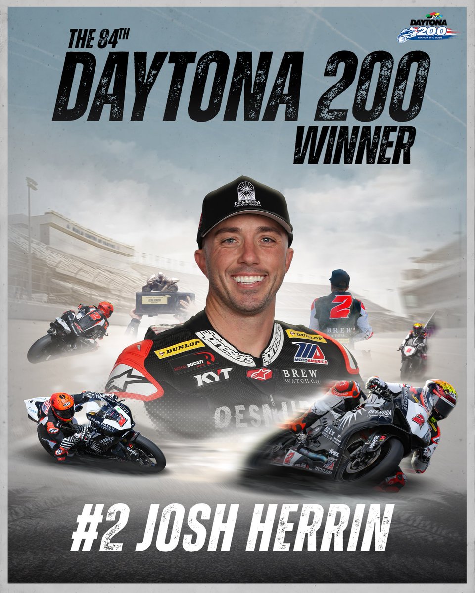 MotoAmerica's tweet photo. Josh Herrin made history by joining legends Scott Russell and Miguel Duhamel as a five-time winner of the Daytona 200. He also became the first rider ever to win the historic race four years in a row. 🏆🏁 #DAYTONA200 https://t.co/Vdex2VhKAJ