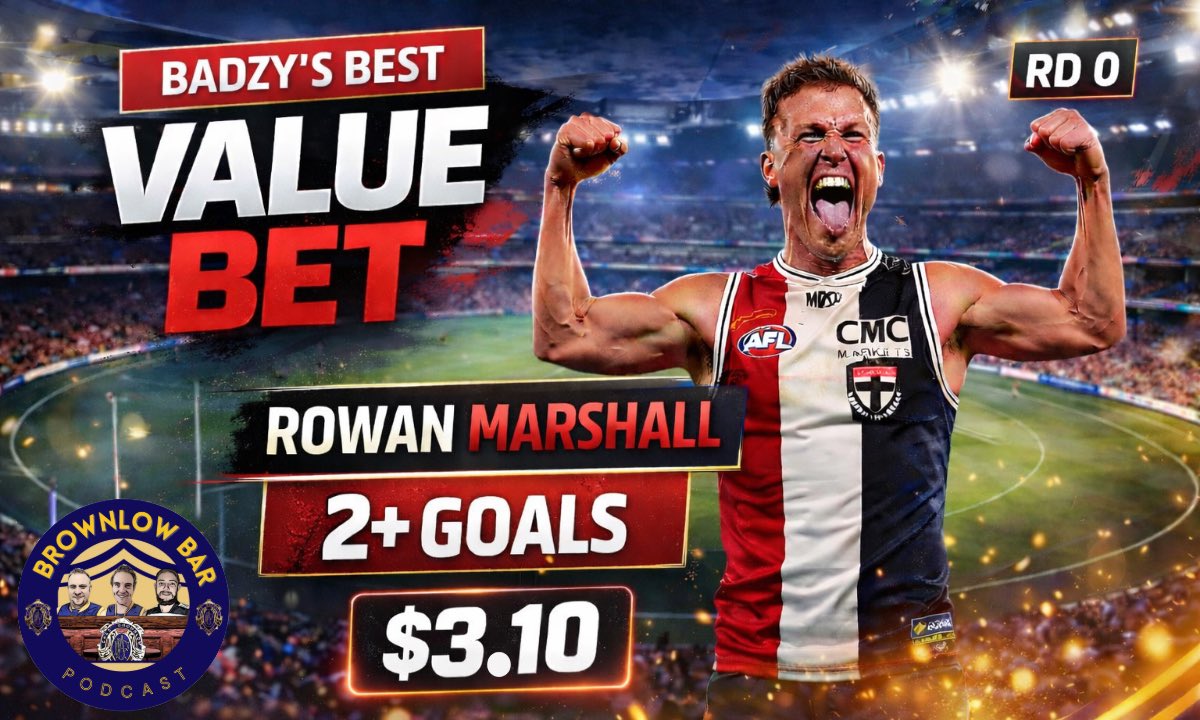 TheBrownlowBar's tweet photo. 🚨 BROWNLOW BAR – ROUND 0 VALUE BET 🚨

Badzy is kicking off the 2026 value bets with a juicy one.

💰 Rowan Marshall 2+ Goals – $3.10

🔥 Lock it in or leave it?
Drop your thoughts below 👇

#AFL #AFLTips #SportsBetting #ValueBet #AFL2026 #FootyTips #BrownlowBar https://t.co/glumXLZ1gx