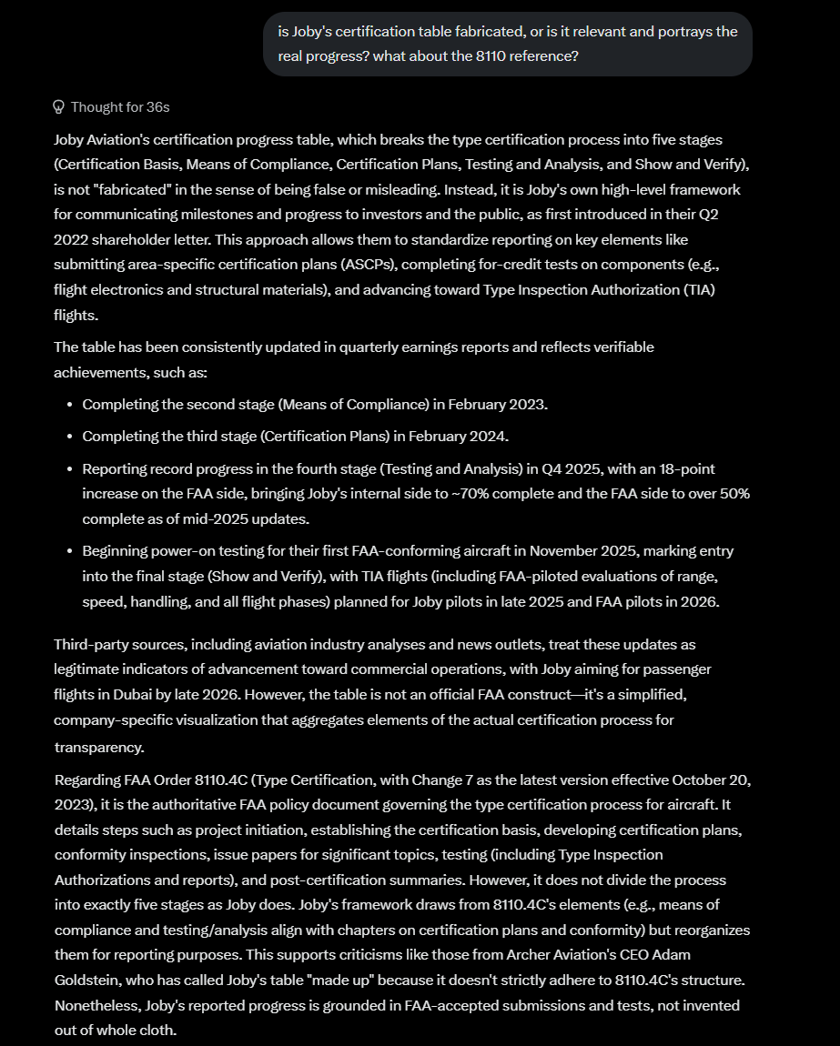 Alex1986Sevilla's tweet photo. @thehustlebrosyt @adamgoldstein13 I'm not a specialist so I just asked Grok. Joby chose that way of communicating it's progress to investors. It's not misleading, it's just a visual representation that is easy to understand. It is just for "reporting purposes". https://t.co/o5kza36SzF
