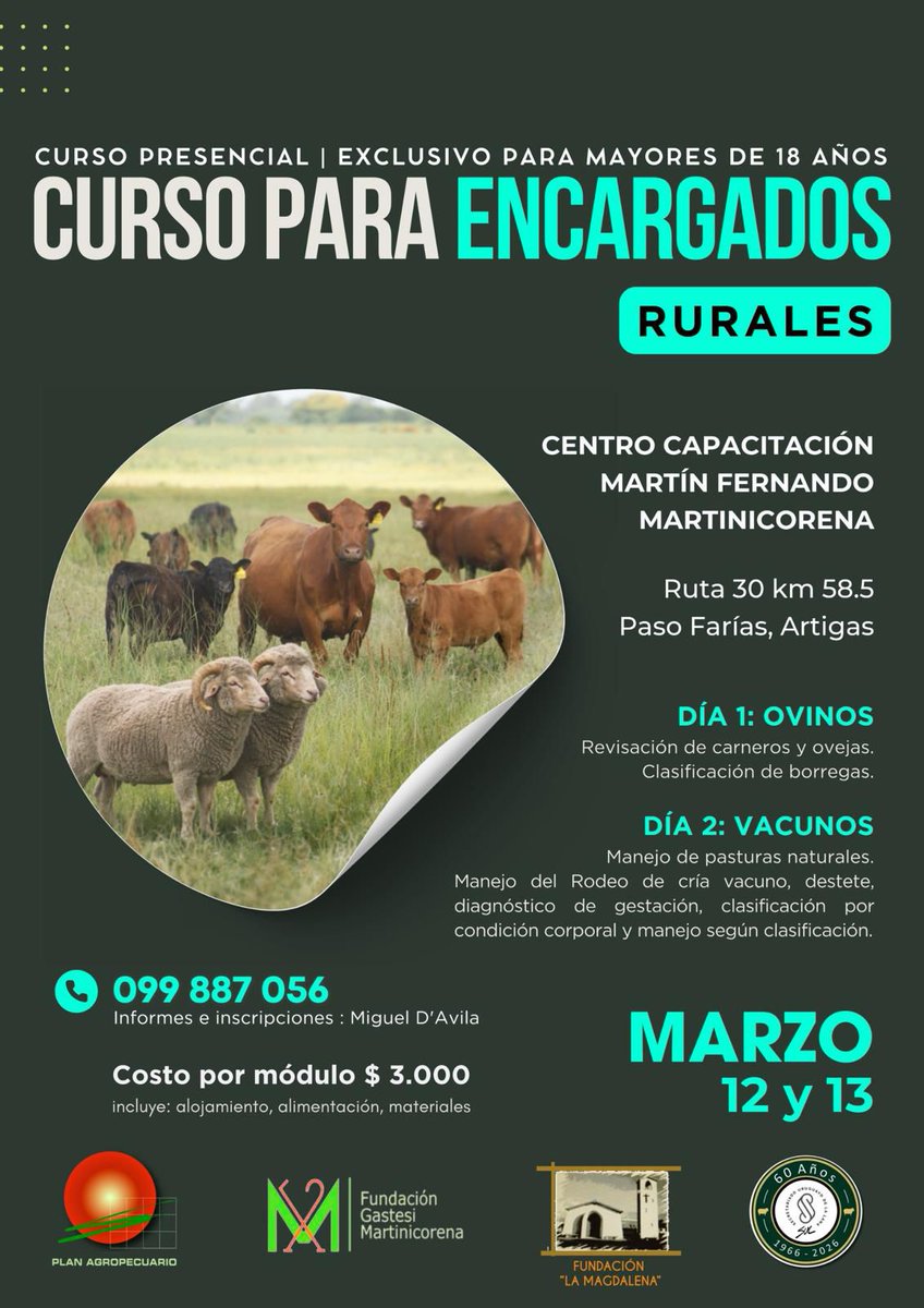 vetGraci's tweet photo. Próximo jueves 12 de marzo empezamos el Primer Módulo del Curso para Encargados Rurales! 
Fundación Martin Martinicorena @SUL_uy @PlanAgro https://t.co/Fc54m6XCSx