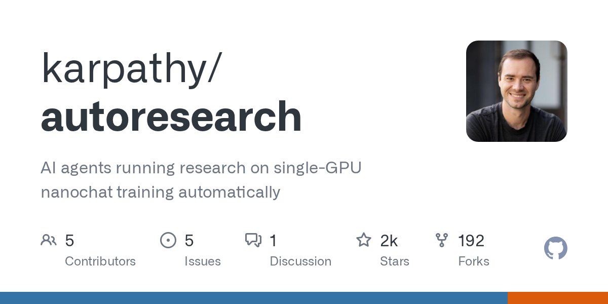techdaily24's tweet photo. Introducing Autoresearch: AI agents are now automatically researching single-GPU nanochat training! 🤖 This project aims to revolutionize efficiency in AI development. Limited info available, but the concept is huge. #Autoresearch #AIAgents https://t.co/HnTBsgjFC3