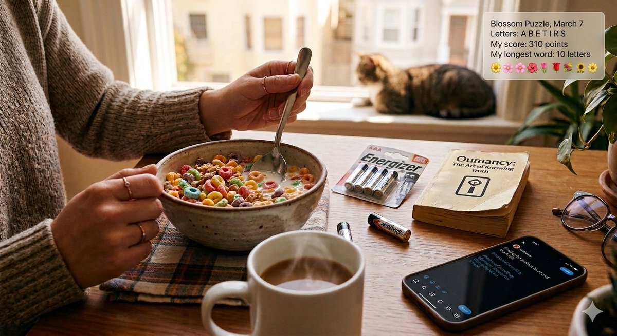 2God4em's tweet image. Finding the right balance of energy for #NationalCerealDay!🥣
While most people are just swapping out b_tt_r_es in their gadgets, I'm picking the perfect bowl or navigating life's bigger questions with #Oumancy clarity. It's the best way to start Saturday.
merriam-webster.com/games/blossom-…