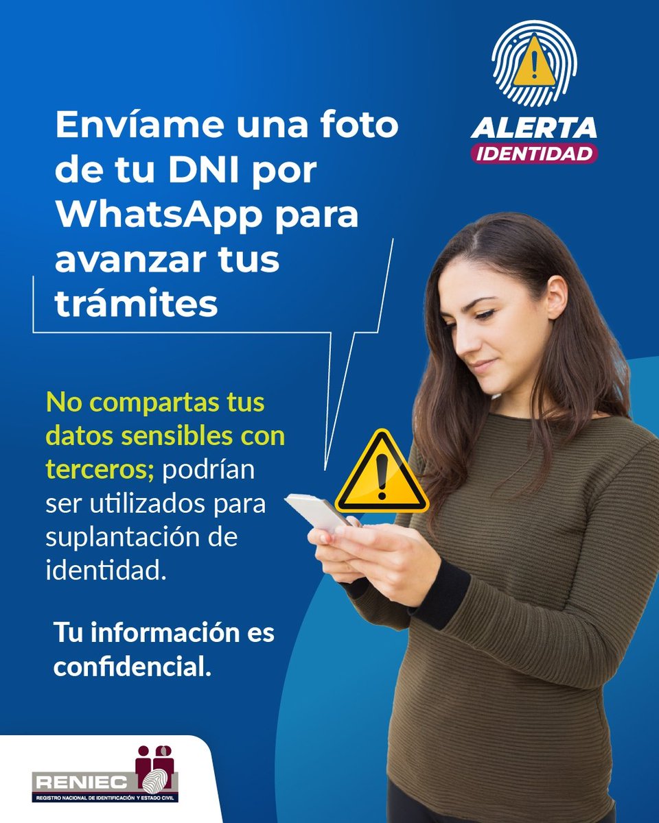 ReniecPeru's tweet photo. Protege tu identidad. 🔐
No compartas la fotografía de tu #DNIe ni realices trámites con terceras personas.
Hazlos únicamente a través de los canales oficiales del Reniec.
#AlertaIdentidad #DNI https://t.co/zmPw0ELYWj