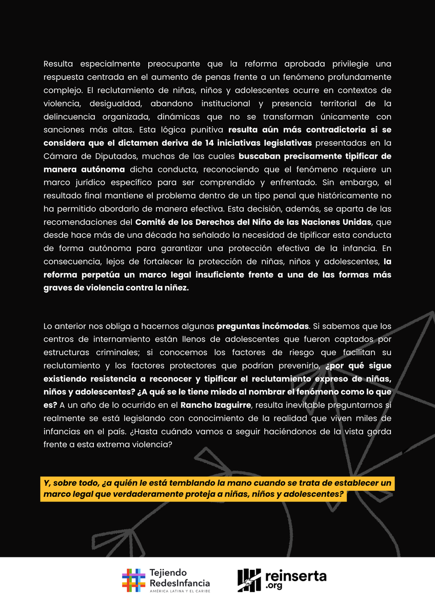 tejiendoredesi's tweet photo. 📣⚠️Ante el reclutamiento infantil, el @senadomexicano tiene ahora una oportunidad histórica para revisar con responsabilidad el contenido de la reforma y avanzar hacia un marco jurídico verdaderamente protector para la niñez y la adolescencia.  

@Reinserta 
#niñezreclutada https://t.co/EVK5IXNgbm