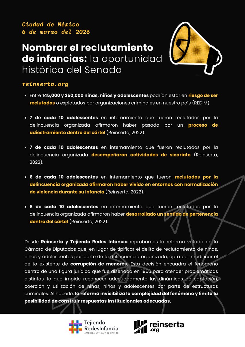 tejiendoredesi's tweet photo. 📣⚠️Ante el reclutamiento infantil, el @senadomexicano tiene ahora una oportunidad histórica para revisar con responsabilidad el contenido de la reforma y avanzar hacia un marco jurídico verdaderamente protector para la niñez y la adolescencia.  

@Reinserta 
#niñezreclutada https://t.co/EVK5IXNgbm