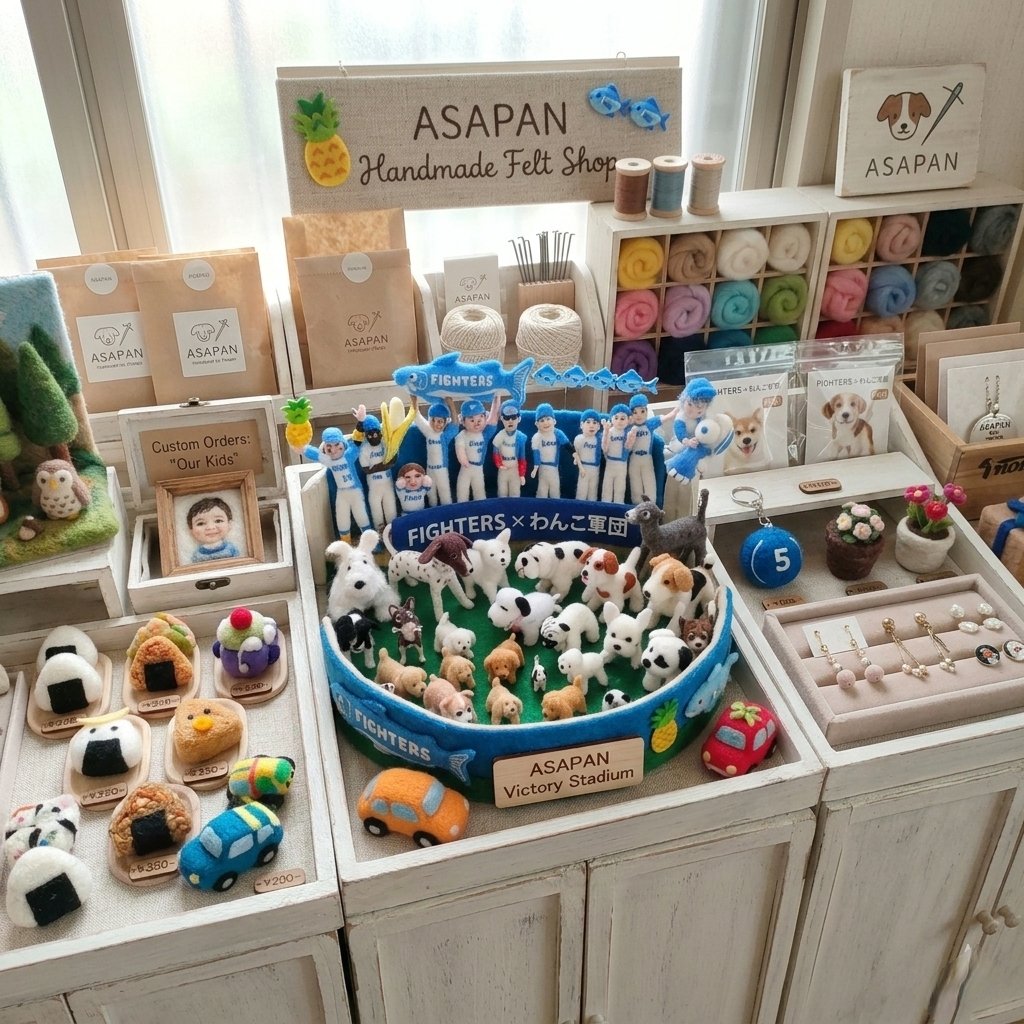 ASAPAN777's tweet photo. ついに完成！ASAPANショップの『ファイターズ応援特設ステージ』⚾️✨
​総勢数十体の選手とわんこ軍団が、
今日も全力で勝利を祈願しています。
​一歩足を踏み入れれば、そこはもうスタジアム。
みんなの熱い視線を感じに来てくださいね！🐾🔥
​#lovefighters #羊毛フェルト #ASAPAN #ハンドメイド https://t.co/AHzmndNlpL